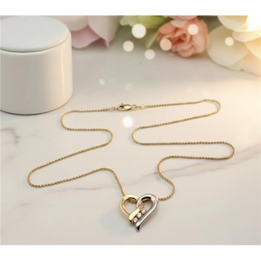 C.G.C 14K Two Tone Gold Heart Necklace 3 Diamond Pendant 18in